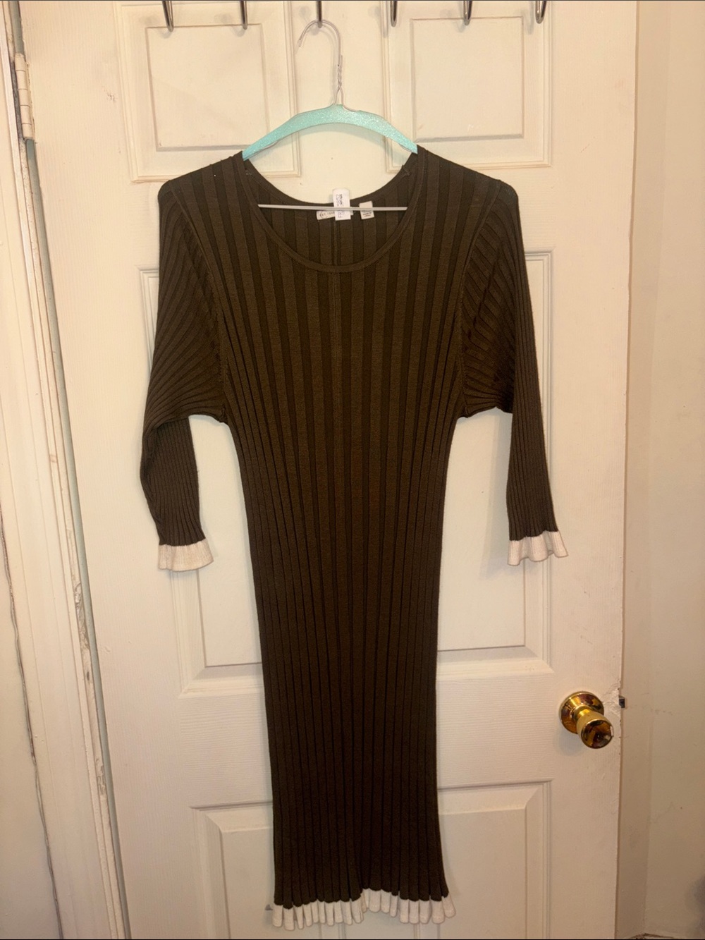 Women’s Ribbed Green Knit Dress with Contrast Trim